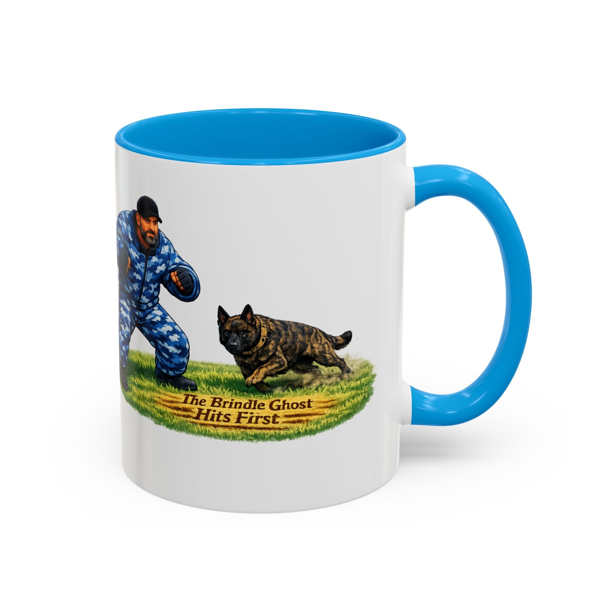 K9 Protection Trainer Mug — “The Brindle Ghost Hits First” Color Accent Coffee Cup (11oz/15oz)