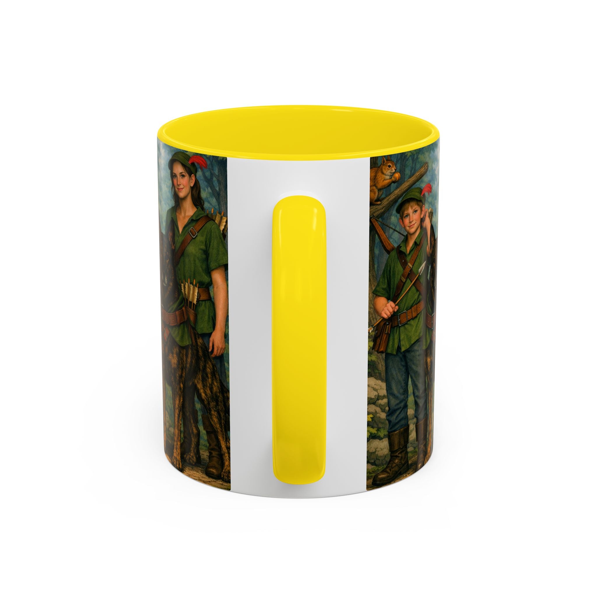 Robin Hood Duo &  Dutch Shepherd Dog Coffee Mug – Fantasy Archer Duo Illustration, Gift for Adventure Fans