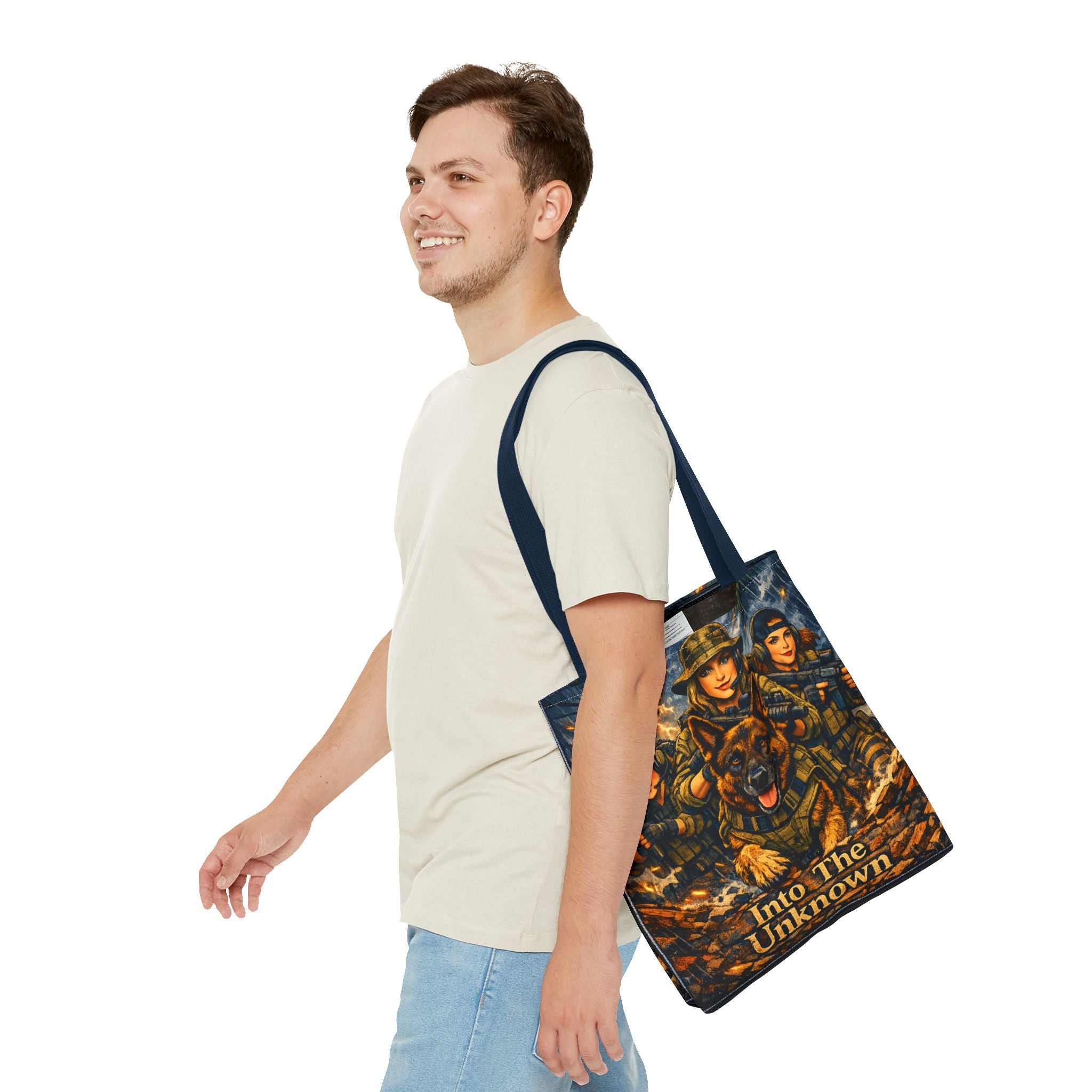 Military K9 Tote Bag — "Into The Unknown" Tactical Dog & Soldier Print