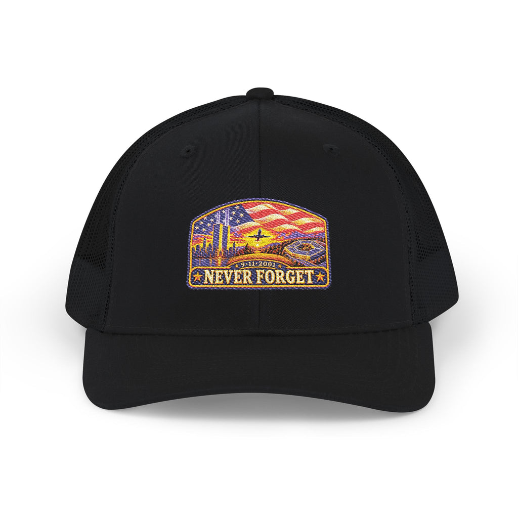 Never Forget Trucker Cap — American Flag 9/11 Memorial Snapback