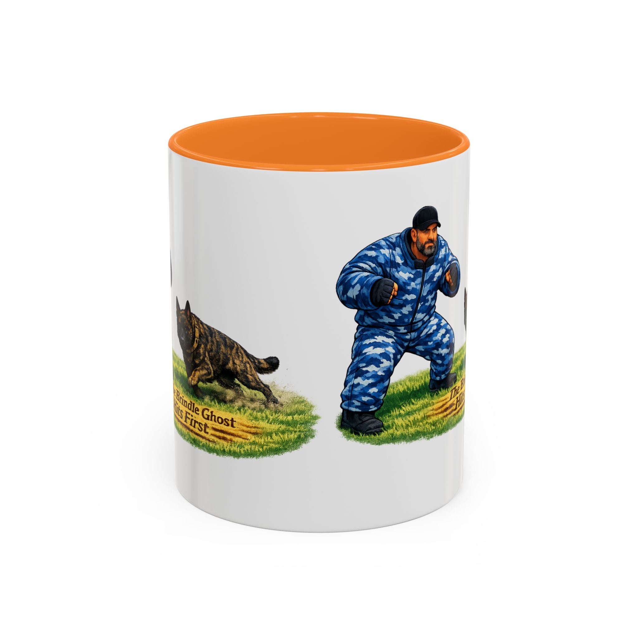 K9 Protection Trainer Mug — “The Brindle Ghost Hits First” Color Accent Coffee Cup (11oz/15oz)