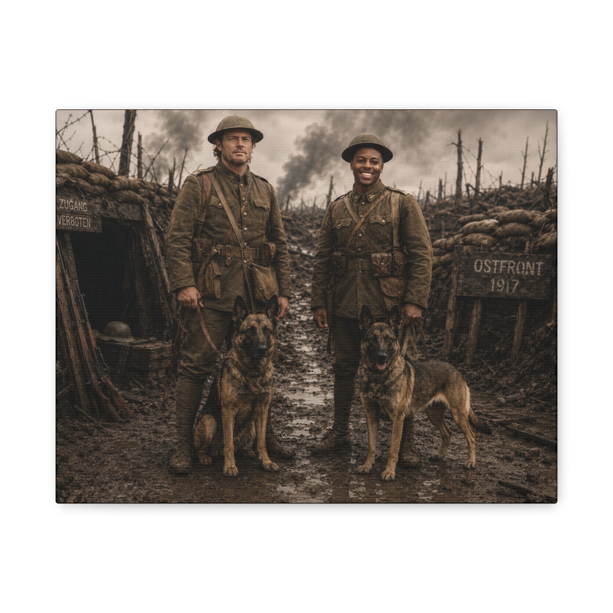 World War I Soldiers with Dogs Matte Canvas Wall Art – 1917 Trench Scene