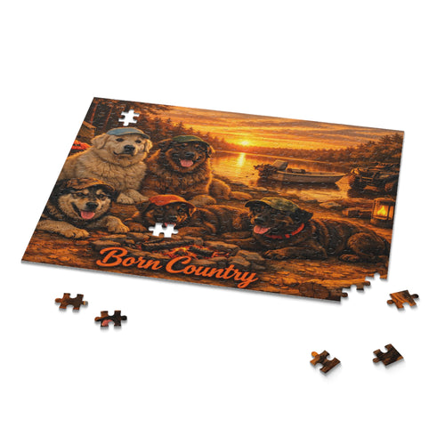 Born Country Dogs Jigsaw Puzzle — Scenic Sunset Cabin Puzzle (120/252/500 pc)