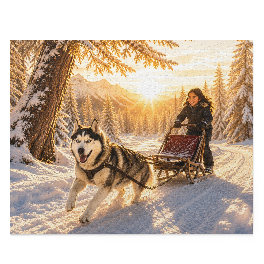 Winter Sled Dog Puzzle – Scenic Husky Sledding Jigsaw (120–500 pcs)