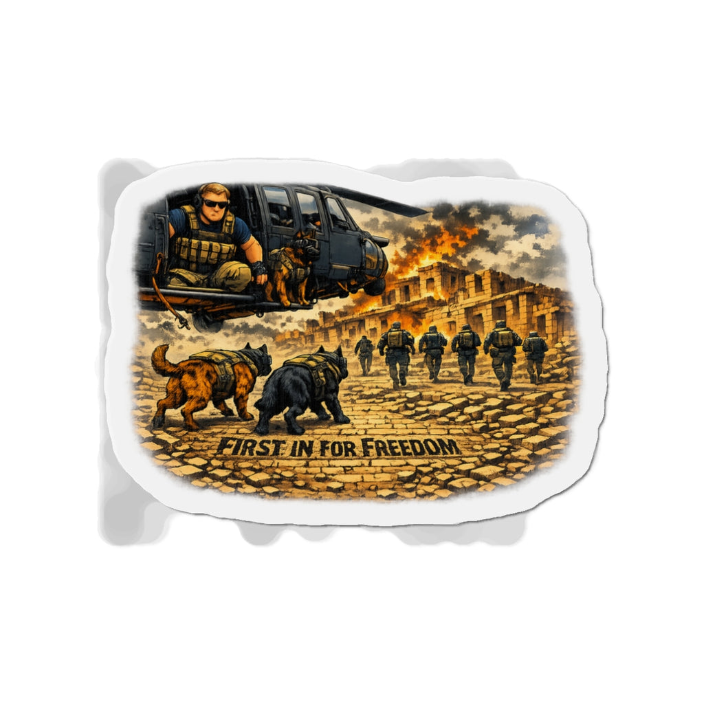 Die-Cut Magnet — "First In For Freedom" Military K9 & Soldier Scene
