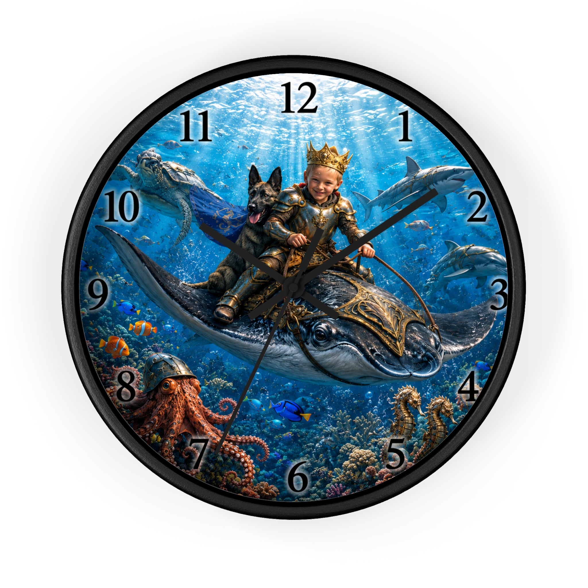 Underwater Kingdom Wall Clock — Boy K9 King Riding Manta Ray Fantasy Ocean Clock