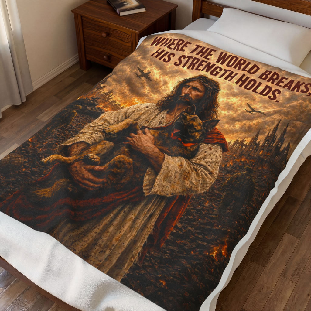 Christian Jesus Shepherd Velveteen Plush Blanket – "Where the World Breaks, His Strength Holds"