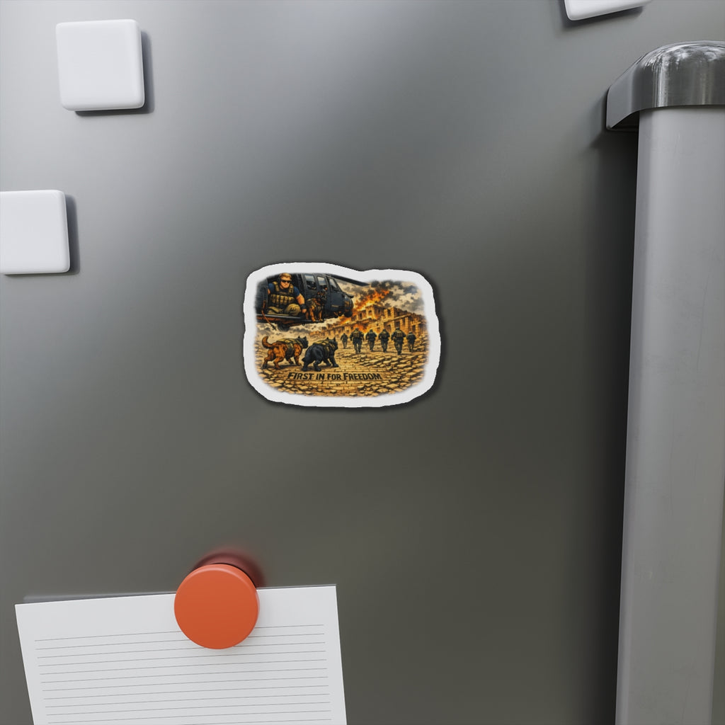 Die-Cut Magnet — "First In For Freedom" Military K9 & Soldier Scene