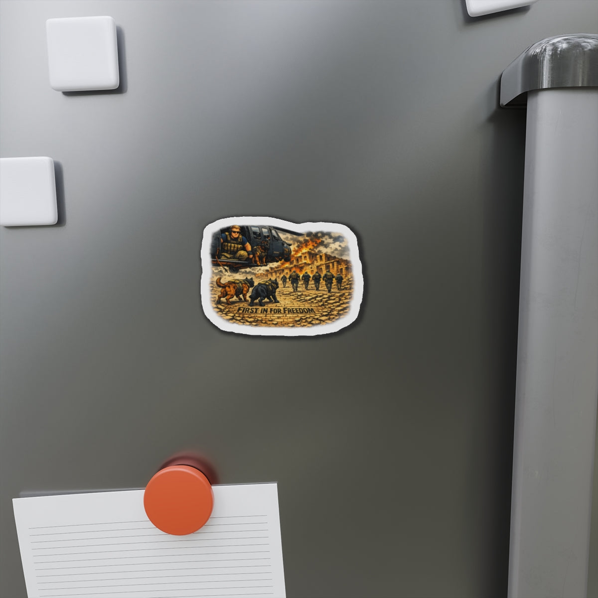 Die-Cut Magnet — "First In For Freedom" Military K9 & Soldier Scene