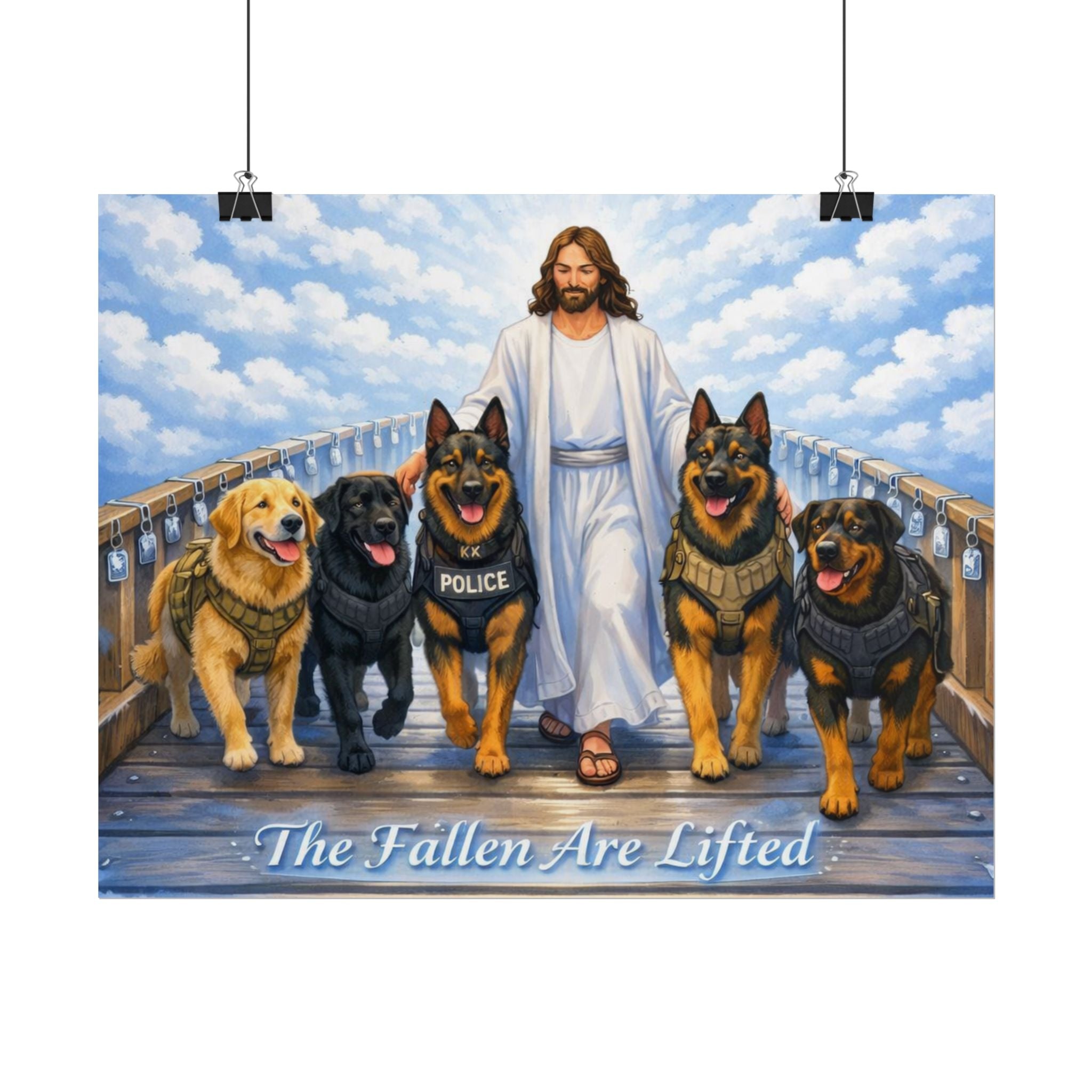Rolled Poster — “The Fallen Are Lifted” K9 Tribute (Jesus with Police & Service Dogs)