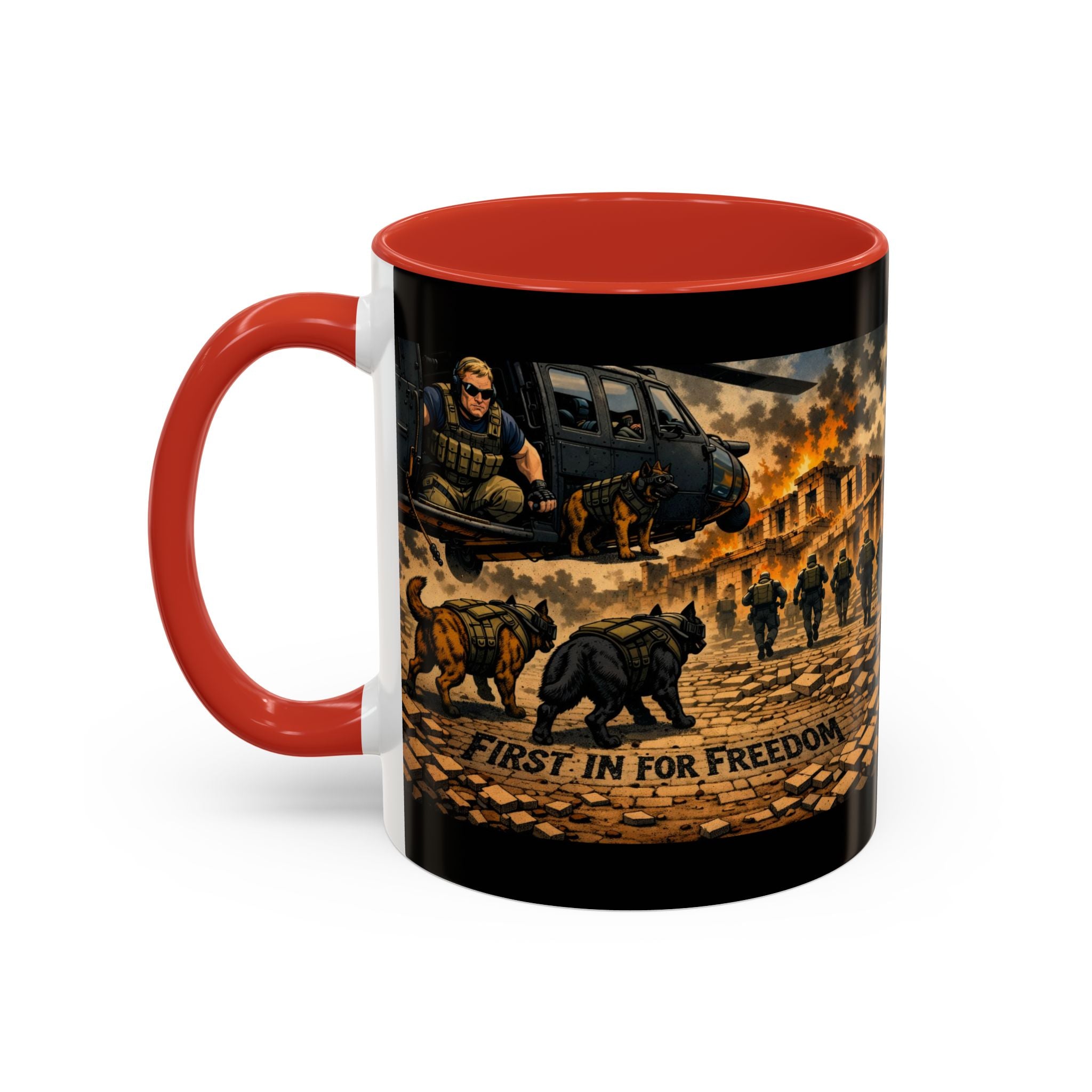 Military K9 Coffee Mug — 'First In for Freedom' Accent Ceramic Mug