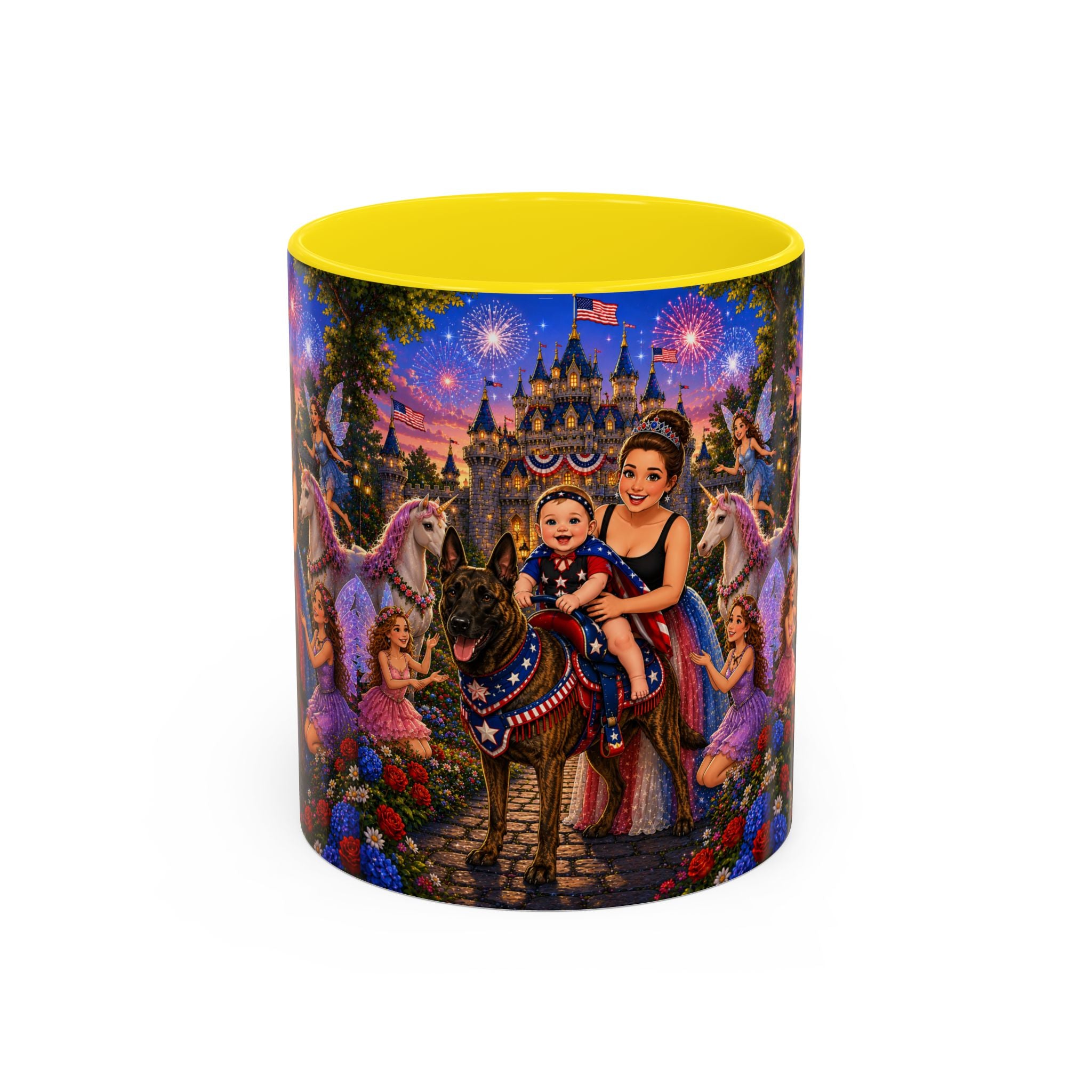 Patriotic Fairy Tale Coffee Mug — Family Castle, Fireworks & Unicorns