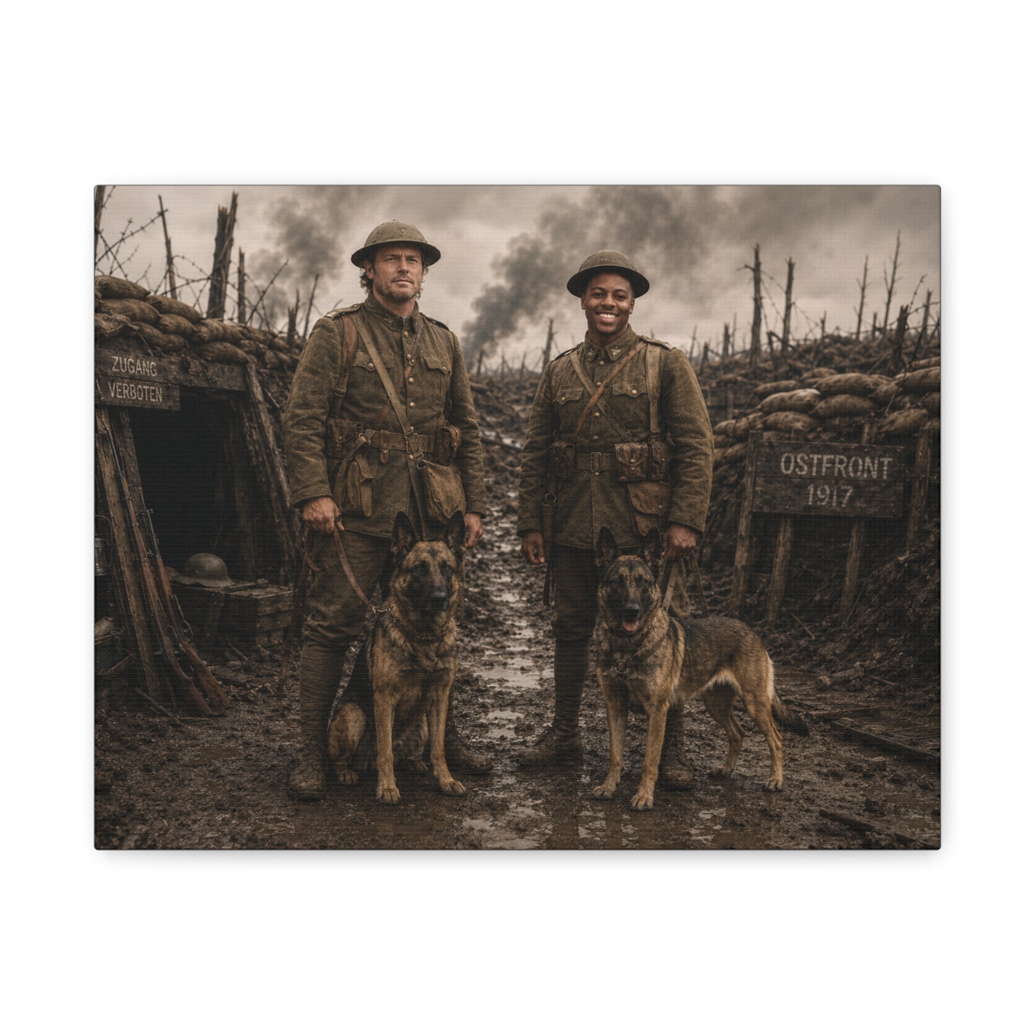 World War I Soldiers & Dogs Matte Canvas Print — Vintage Trench Photo Wall Art