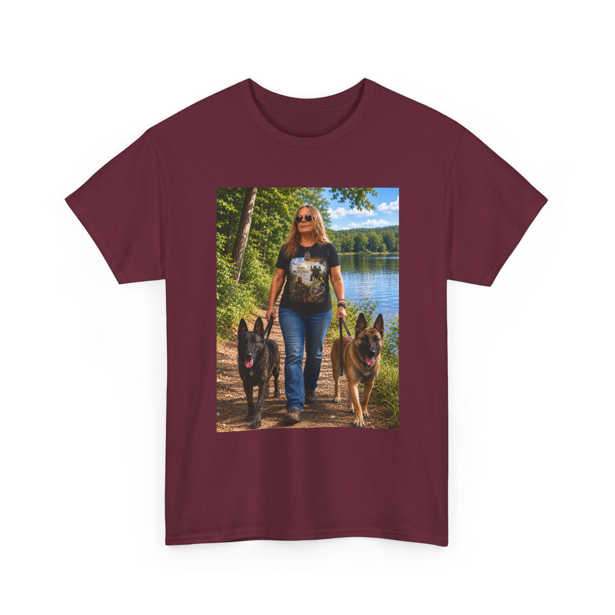Dog Lover Photo Tee — Woman Walking German Shepherds Lakeside