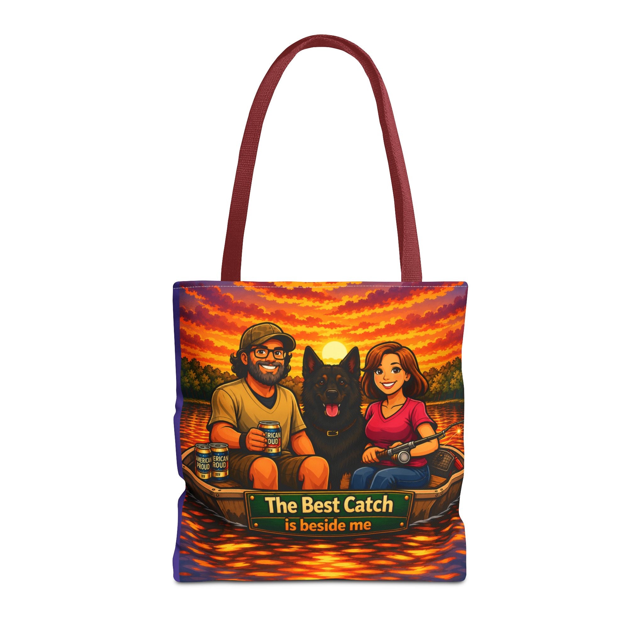 Tote Bag — "The Best Catch Is Beside Me" Fishing Couple & Dog Sunset Tote
