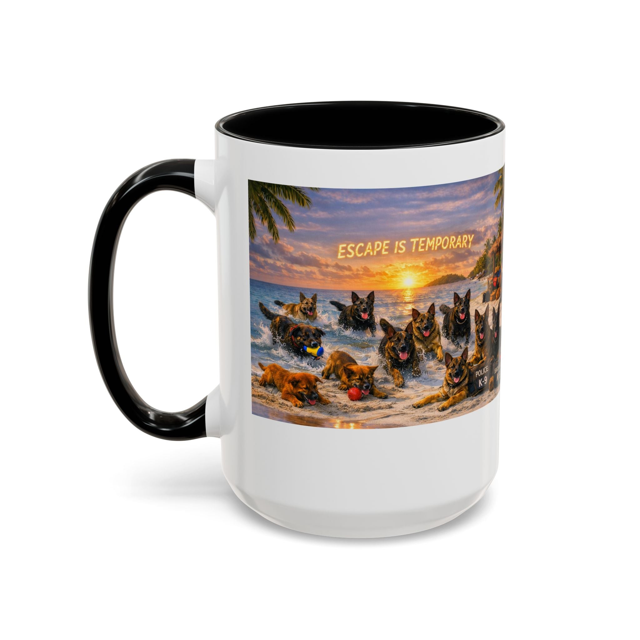 Dutch Shepherd Beach Coffee Mug — "Escape Is Temporary" Accent Mug (11/15oz)