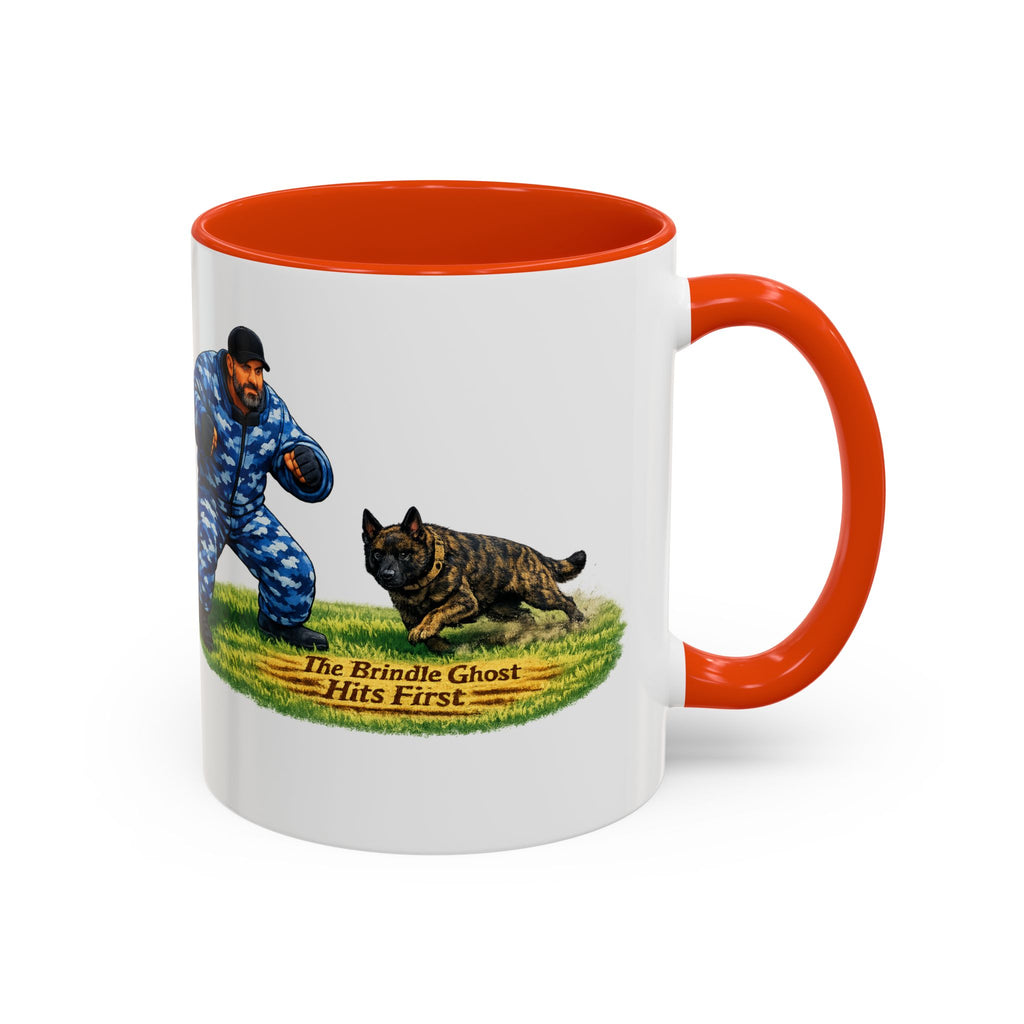 K9 Protection Trainer Mug — “The Brindle Ghost Hits First” Color Accent Coffee Cup (11oz/15oz)