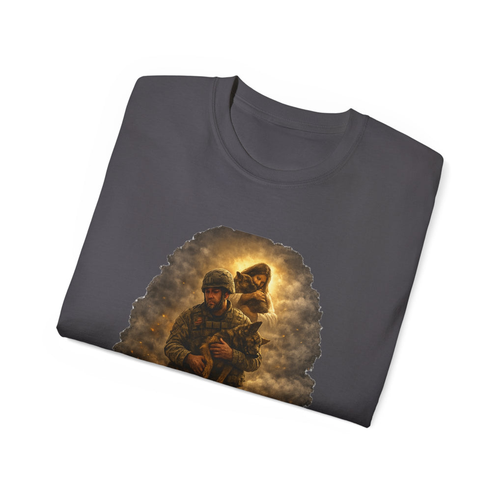 T-Shirt — "A Soldier's Last Goodbye and a Savior's First Embrace" Patriotic Military Tribute