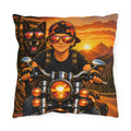 Making Memories Motorcycle Outdoor Pillow – Rider & Dog Sunset Adventure