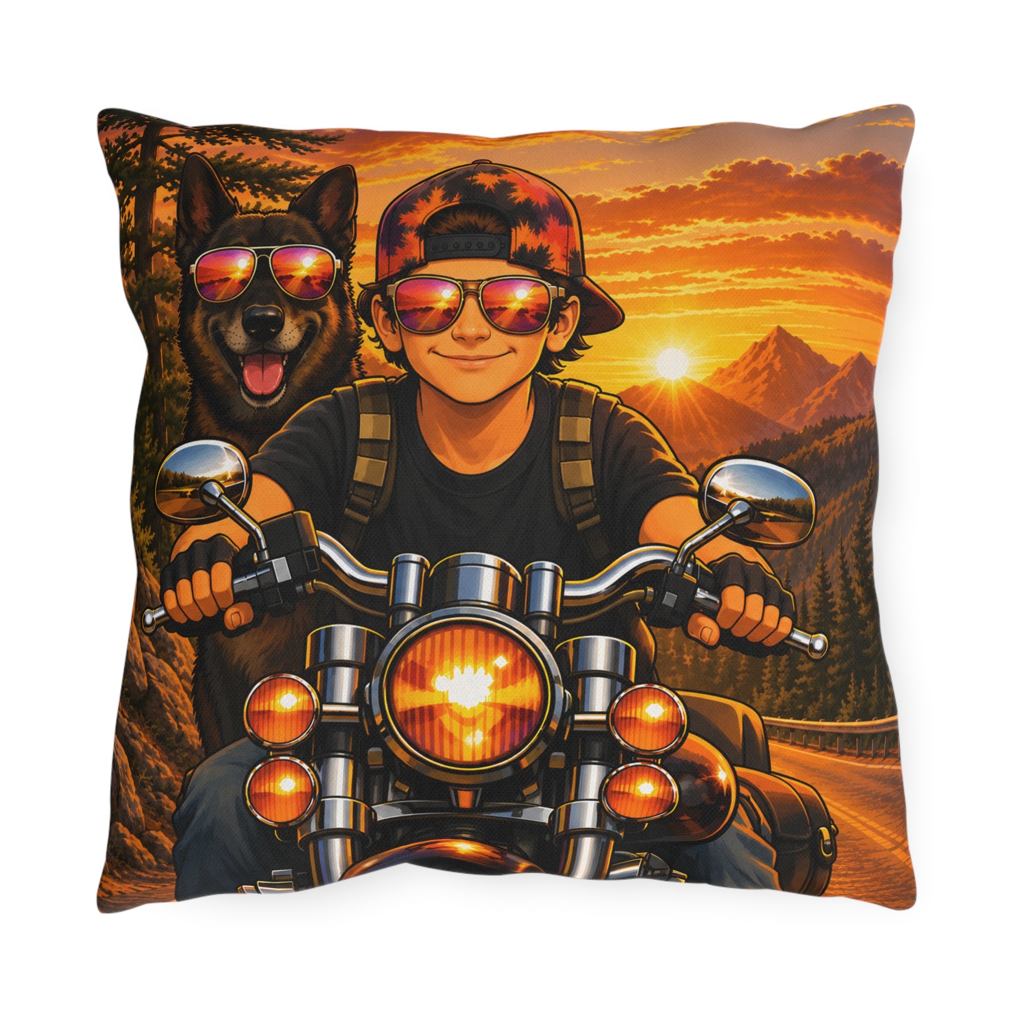 Making Memories Motorcycle Outdoor Pillow – Rider & Dog Sunset Adventure