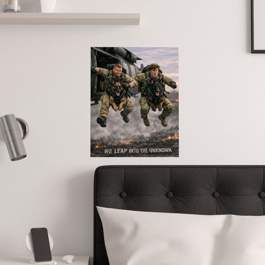 Military Paratroopers K-9 Team Poster — "We Leap Into The Unknown" Satin Print