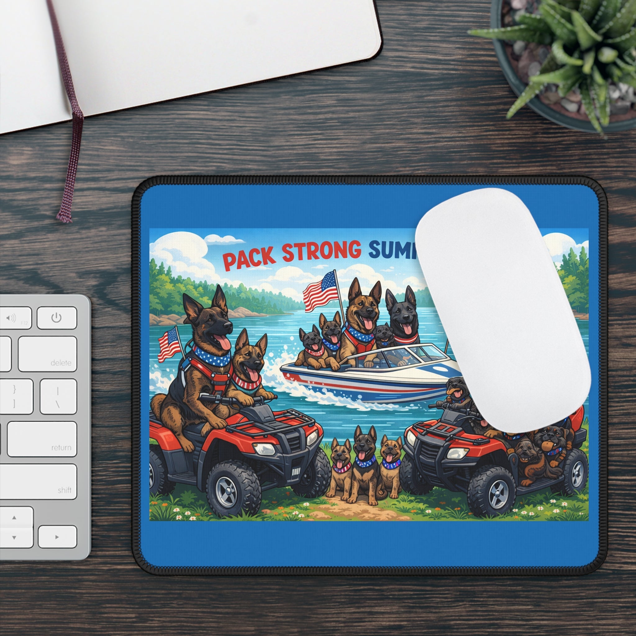 Pack Strong Summer Long Gaming Mouse Pad — Patriotic German Shepherds Lake Scene