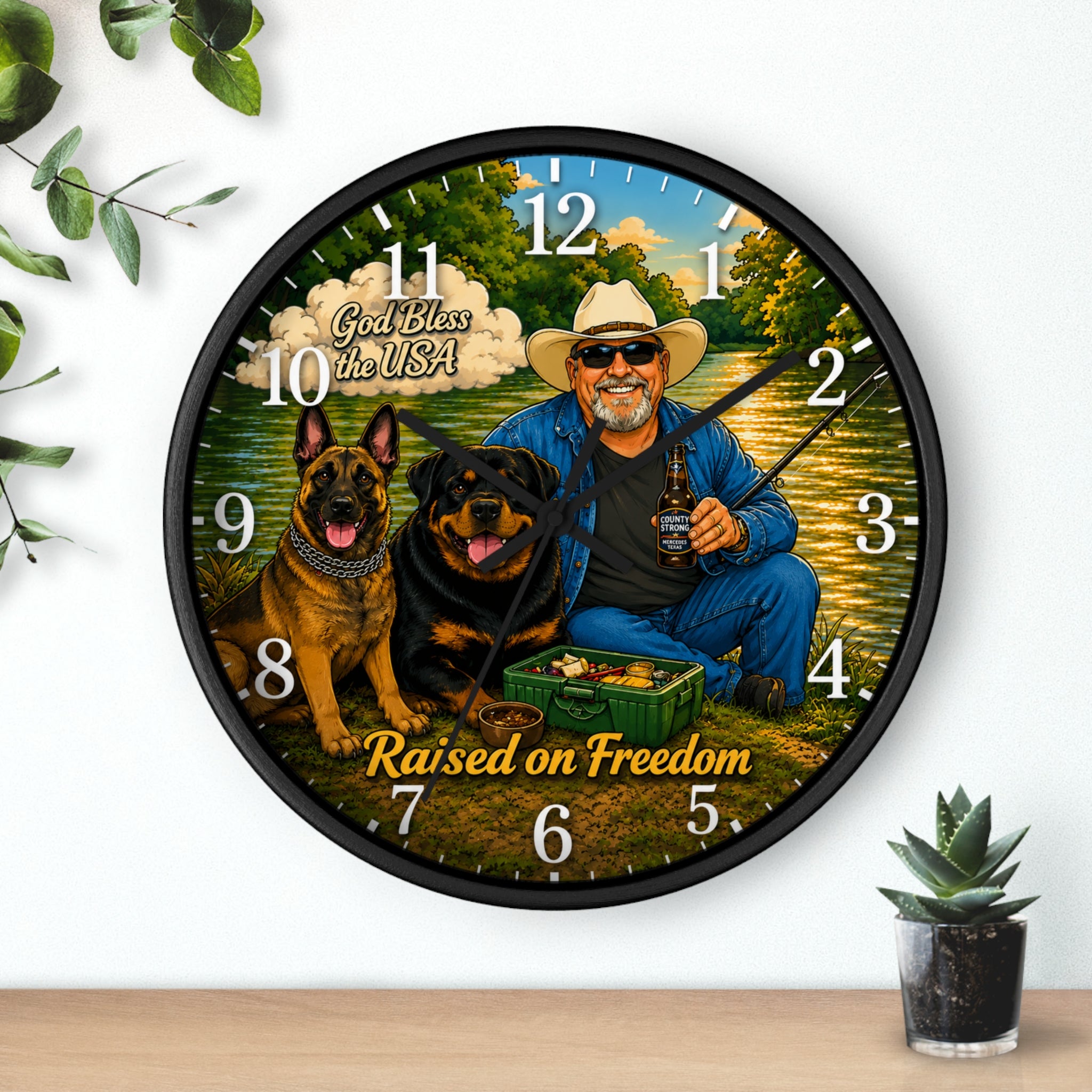 Raised on Freedom Wall Clock — 'God Bless the USA' Patriotic Fishing Clock with Dogs
