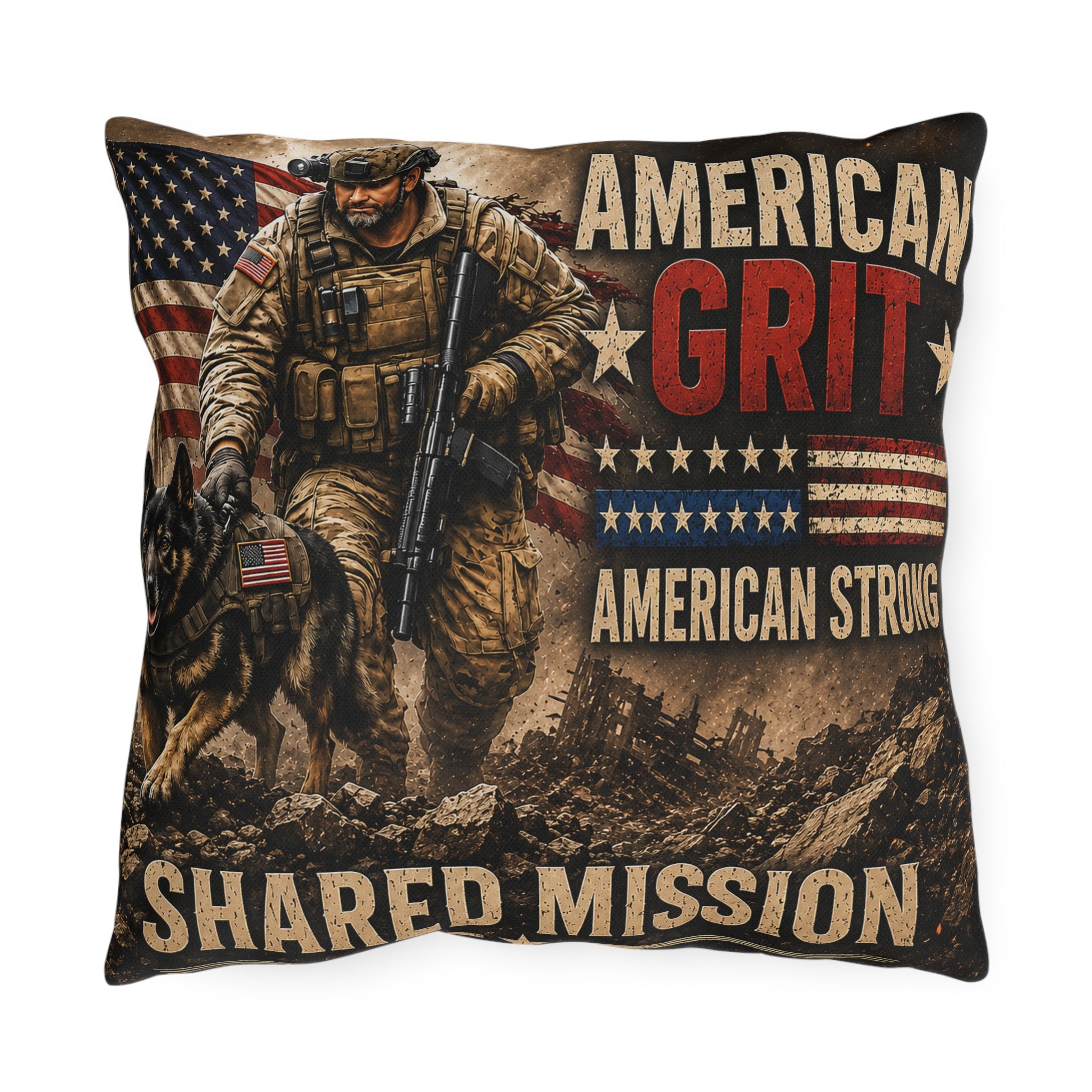 American Grit Outdoor Pillow – Patriotic Soldier & K9 Military Throw Pillow