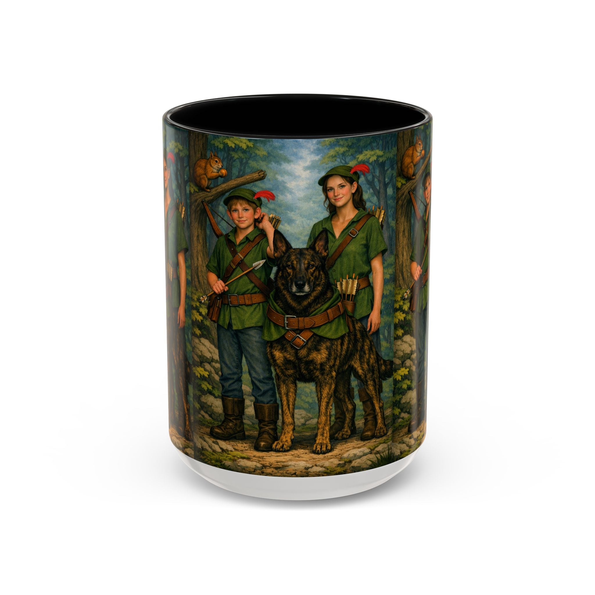 Robin Hood Duo &  Dutch Shepherd Dog Coffee Mug – Fantasy Archer Duo Illustration, Gift for Adventure Fans