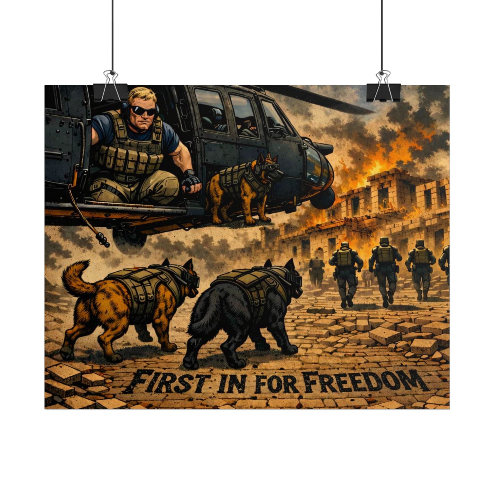 Rolled Poster — "First In For Freedom" Military K9 Helicopter Wall Art