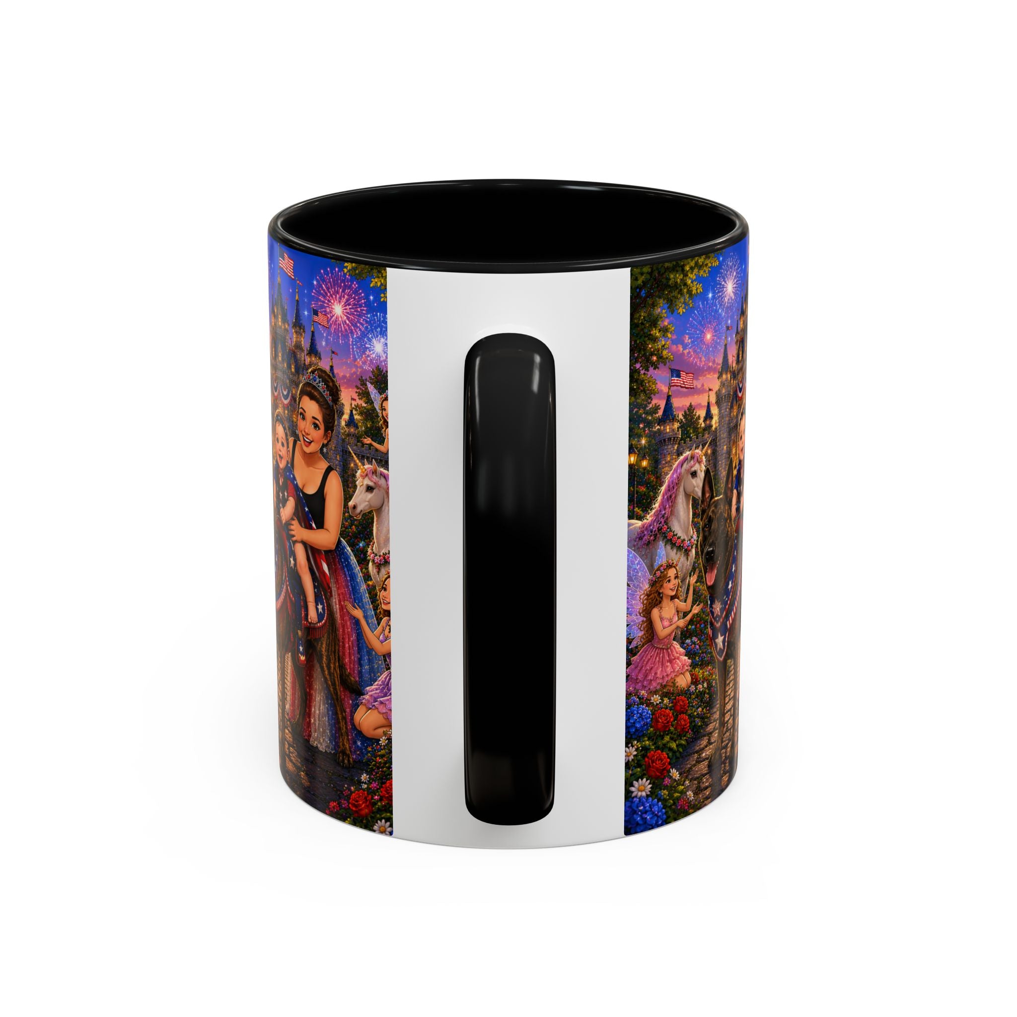 Patriotic Fairy Tale Coffee Mug — Family Castle, Fireworks & Unicorns