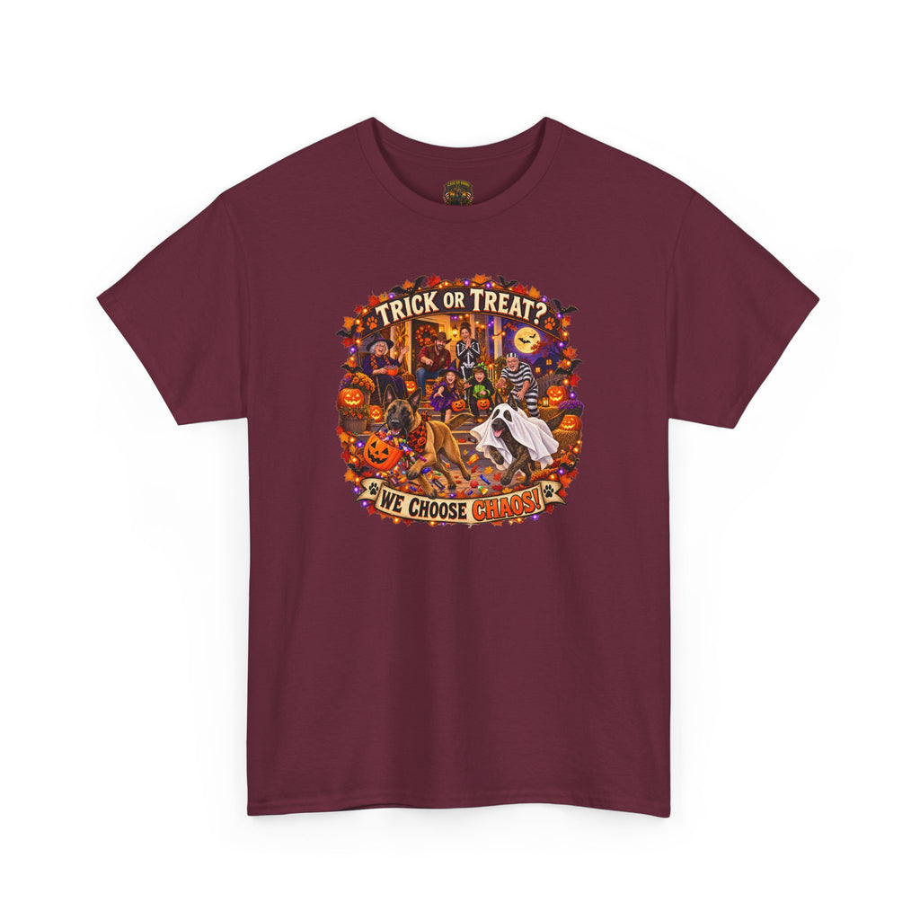 Halloween Trick or Treat T‑Shirt — 'Trick or Treat? We Choose' Spooky Malinois K-9  Graphic Tee