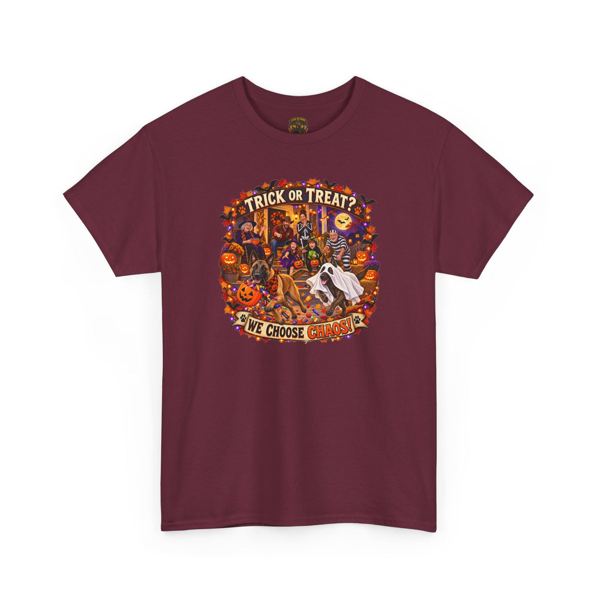 Halloween Trick or Treat T‑Shirt — 'Trick or Treat? We Choose' Spooky Malinois K-9  Graphic Tee