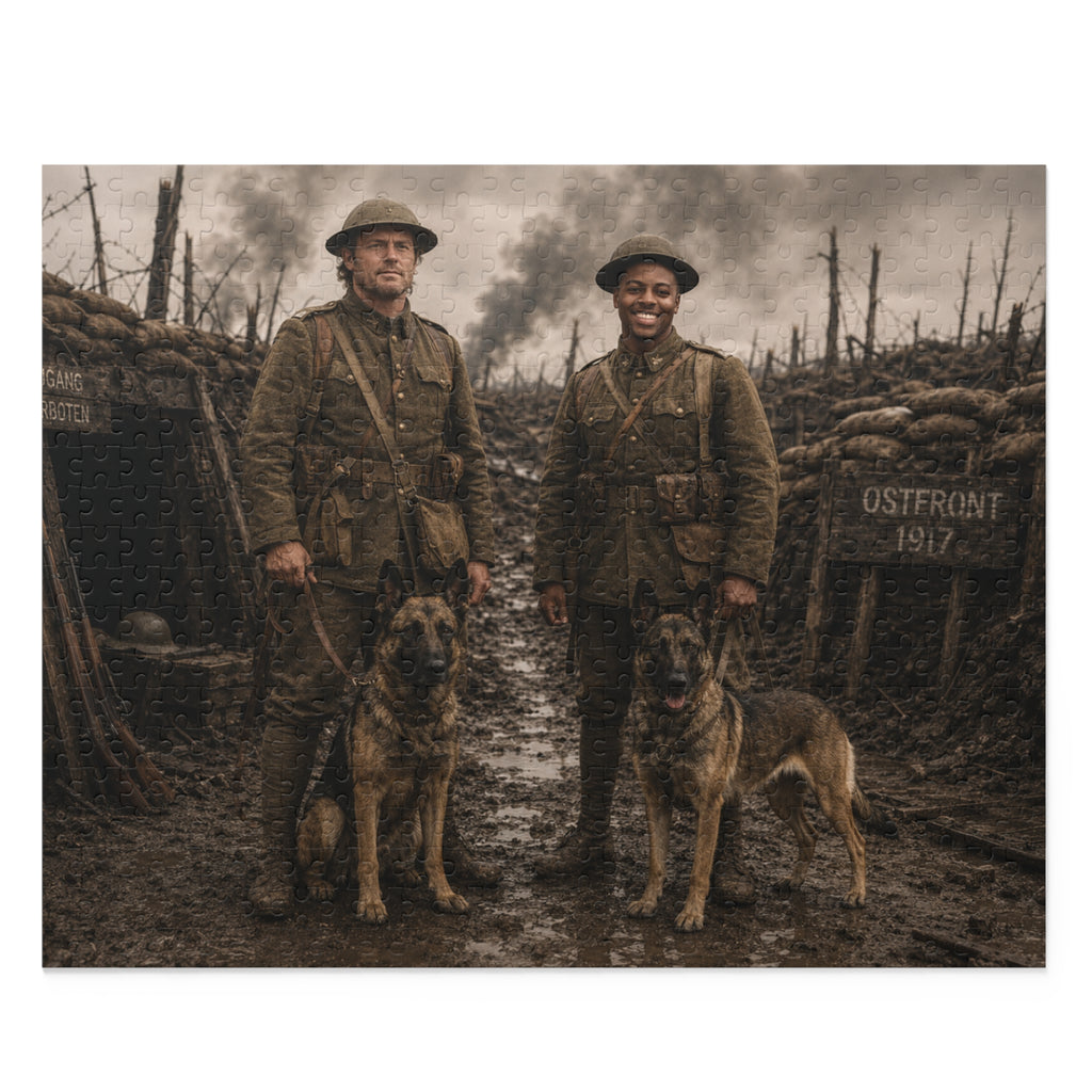 World War I Soldiers with Dogs Jigsaw Puzzle — 120/252/500-Piece Historical Trench Scene