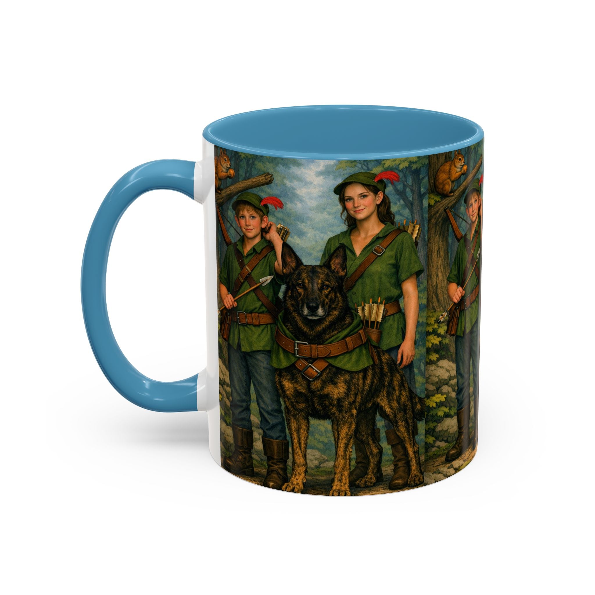 Robin Hood Duo &  Dutch Shepherd Dog Coffee Mug – Fantasy Archer Duo Illustration, Gift for Adventure Fans