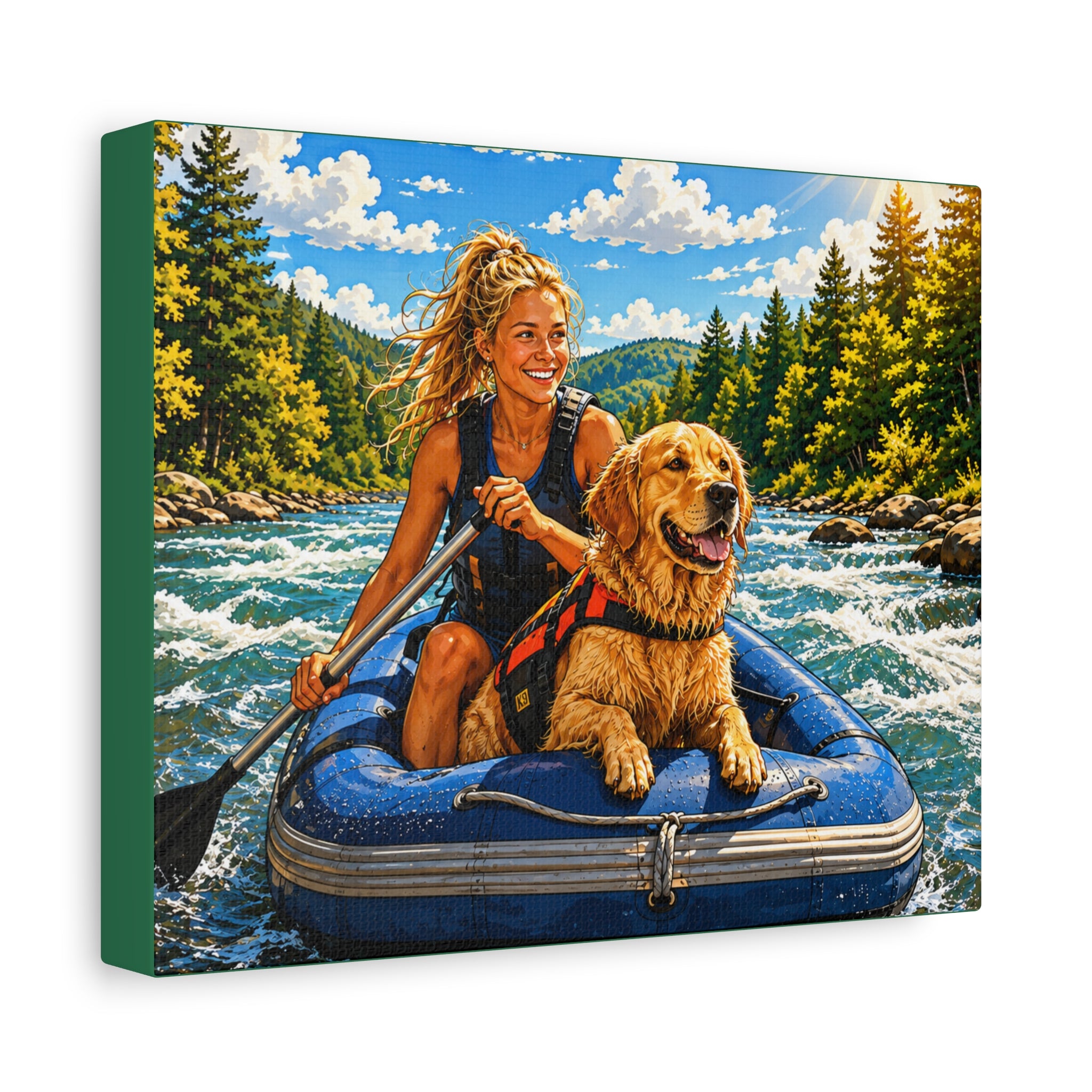 Rafting K-9 Adventure Canvas Print — Woman & Dog River Wall Art
