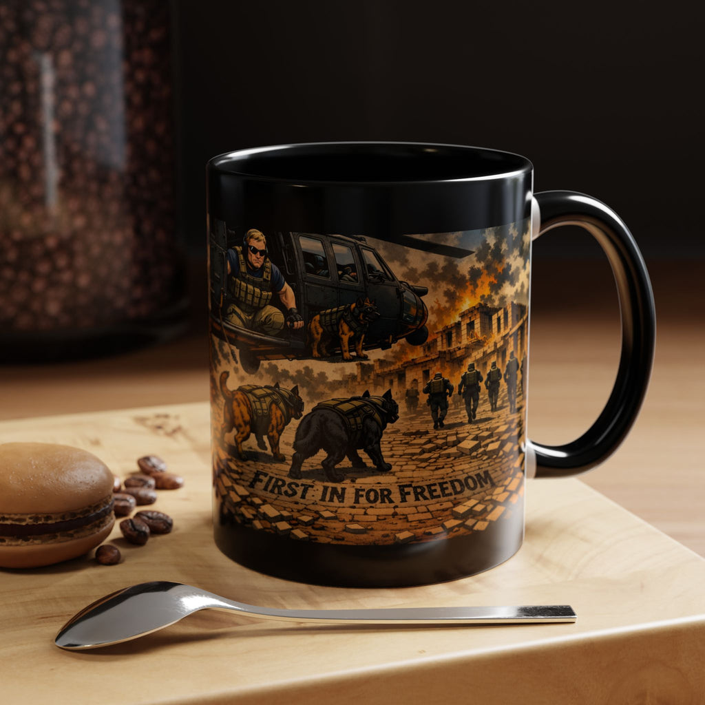Military K9 Coffee Mug — 'First In for Freedom' Accent Ceramic Mug