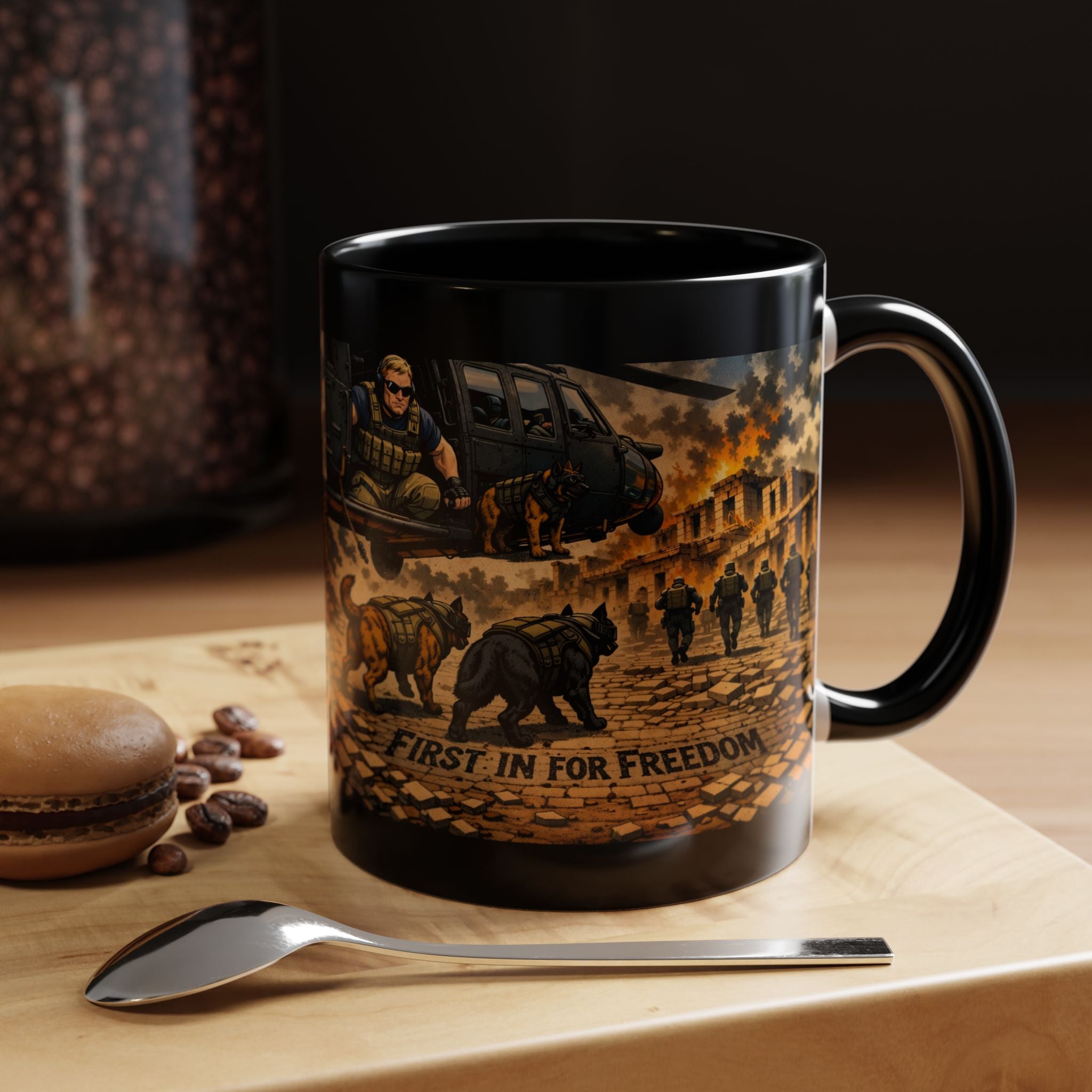 Military K9 Coffee Mug — 'First In for Freedom' Accent Ceramic Mug