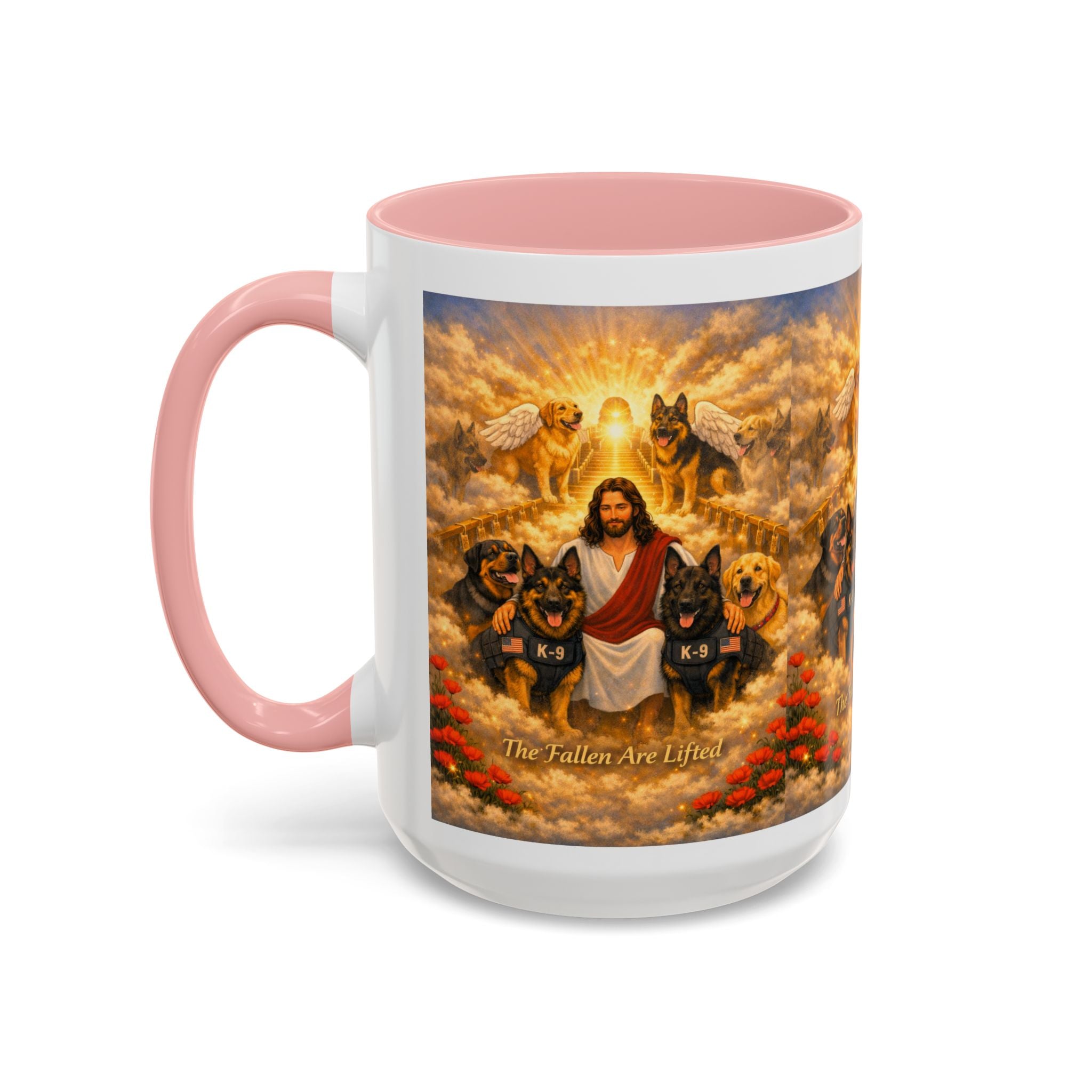 Christian Dog Memorial Coffee Mug — “The Fallen Are Lifted” Accent 11/15oz