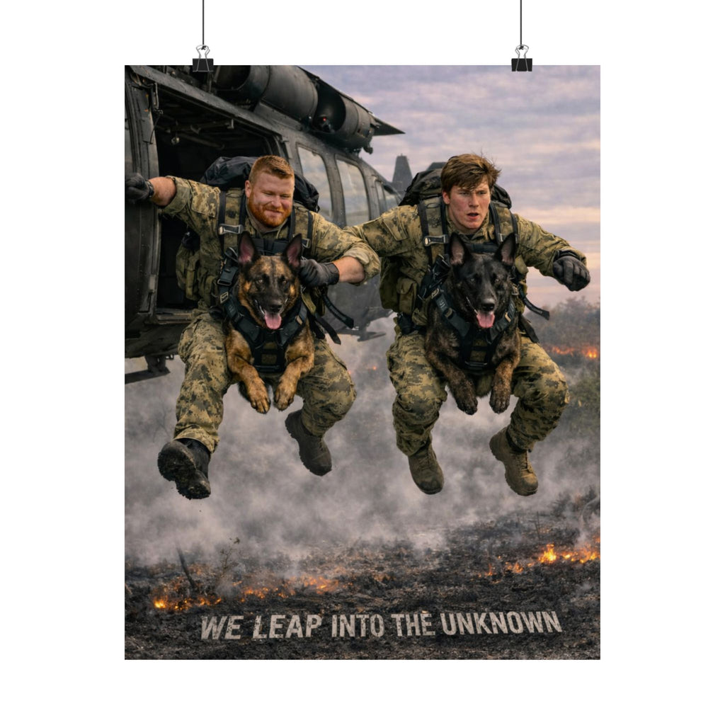 Military Paratroopers K-9 Team Poster — "We Leap Into The Unknown" Satin Print