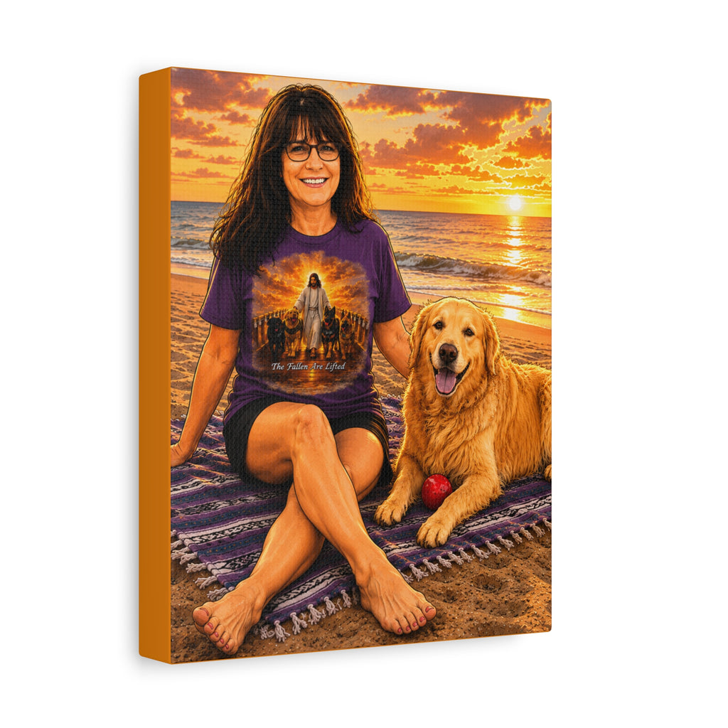 Sunset Beach Portrait Canvas — Women and Golden Retriever Photo Canvas
