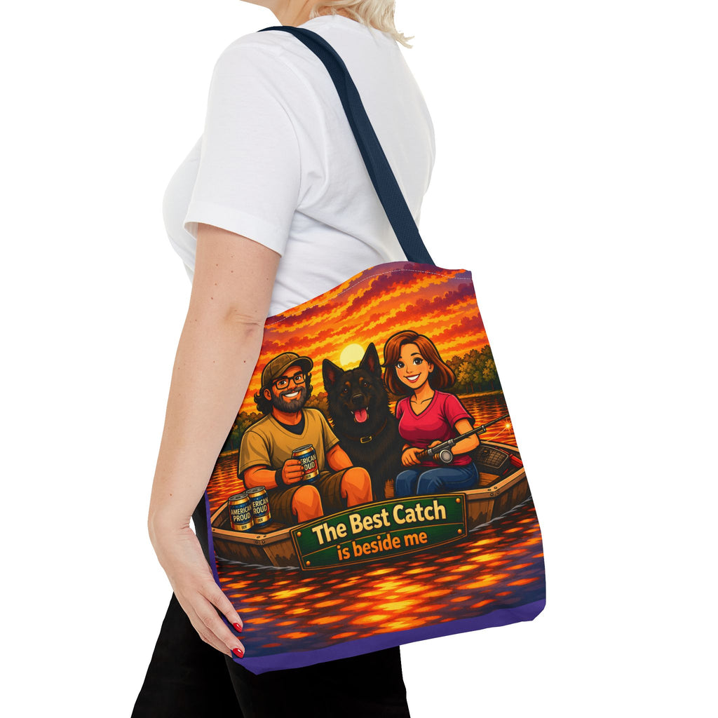 Tote Bag — "The Best Catch Is Beside Me" Fishing Couple & Dog Sunset Tote