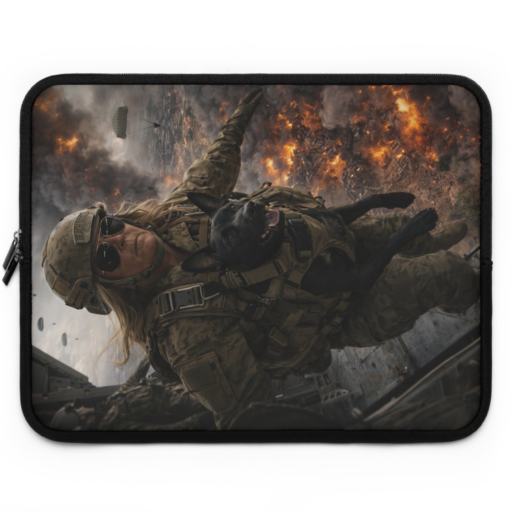 Military Action Laptop Sleeve — Combat Soldier Explosion Design