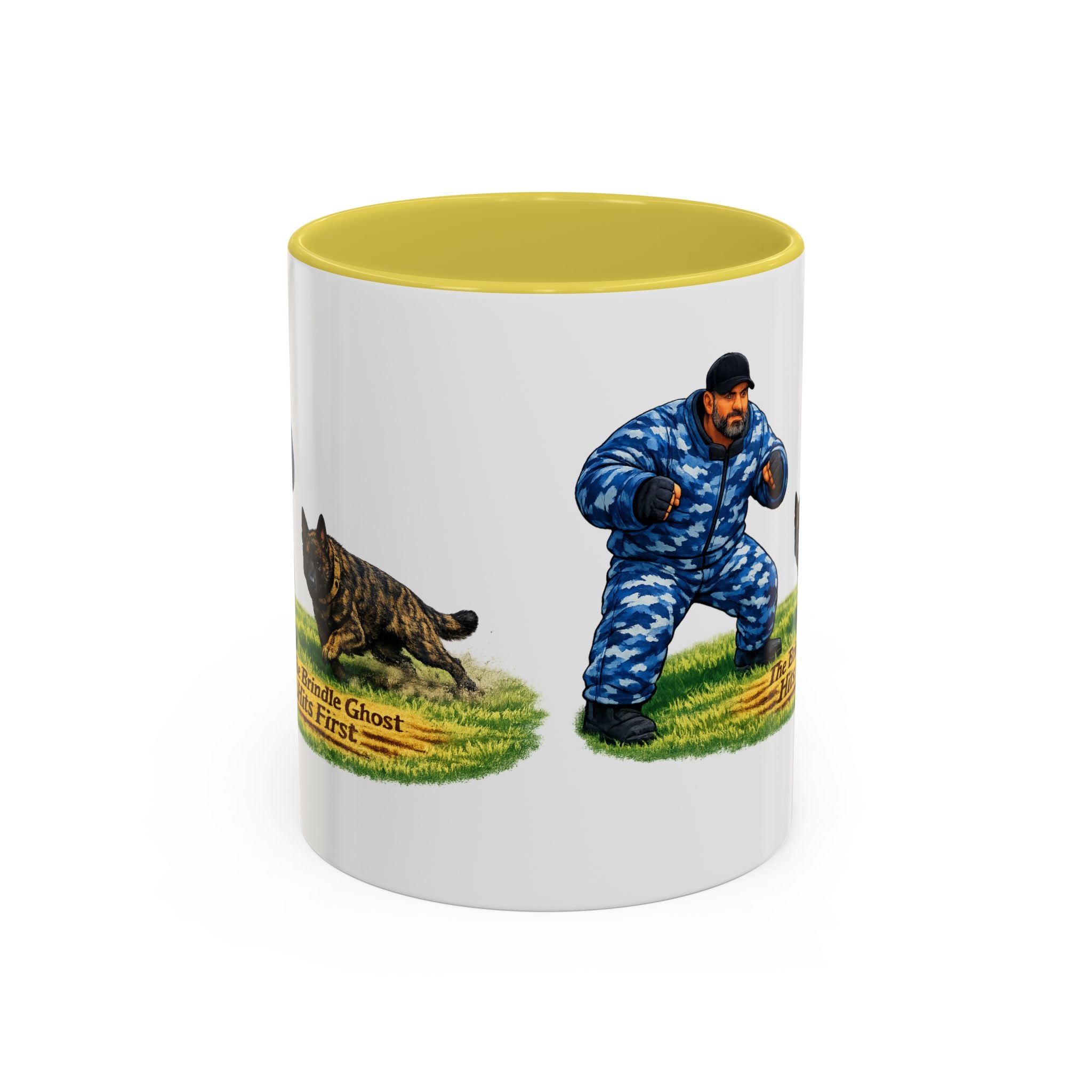 K9 Protection Trainer Mug — “The Brindle Ghost Hits First” Color Accent Coffee Cup (11oz/15oz)