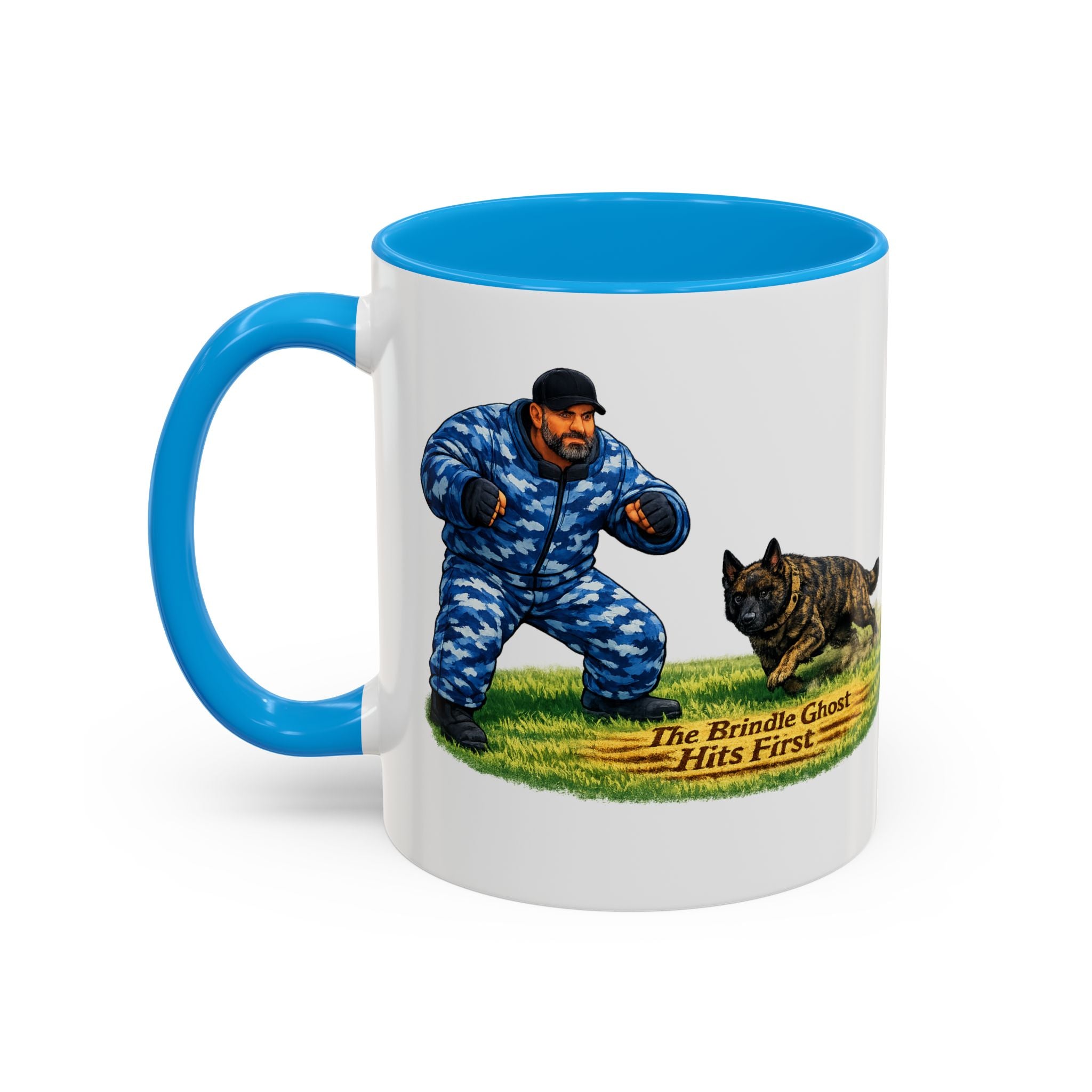 K9 Protection Trainer Mug — “The Brindle Ghost Hits First” Color Accent Coffee Cup (11oz/15oz)