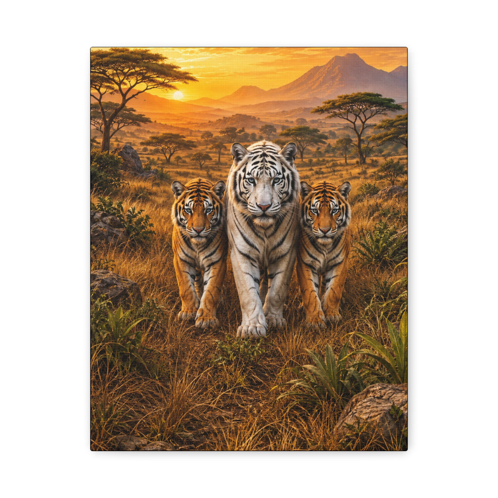White Tiger Trio Matte Stretched Canvas Wall Art – Jungle Sunset Wildlife Print