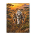 White Tiger Trio Matte Stretched Canvas Wall Art – Jungle Sunset Wildlife Print
