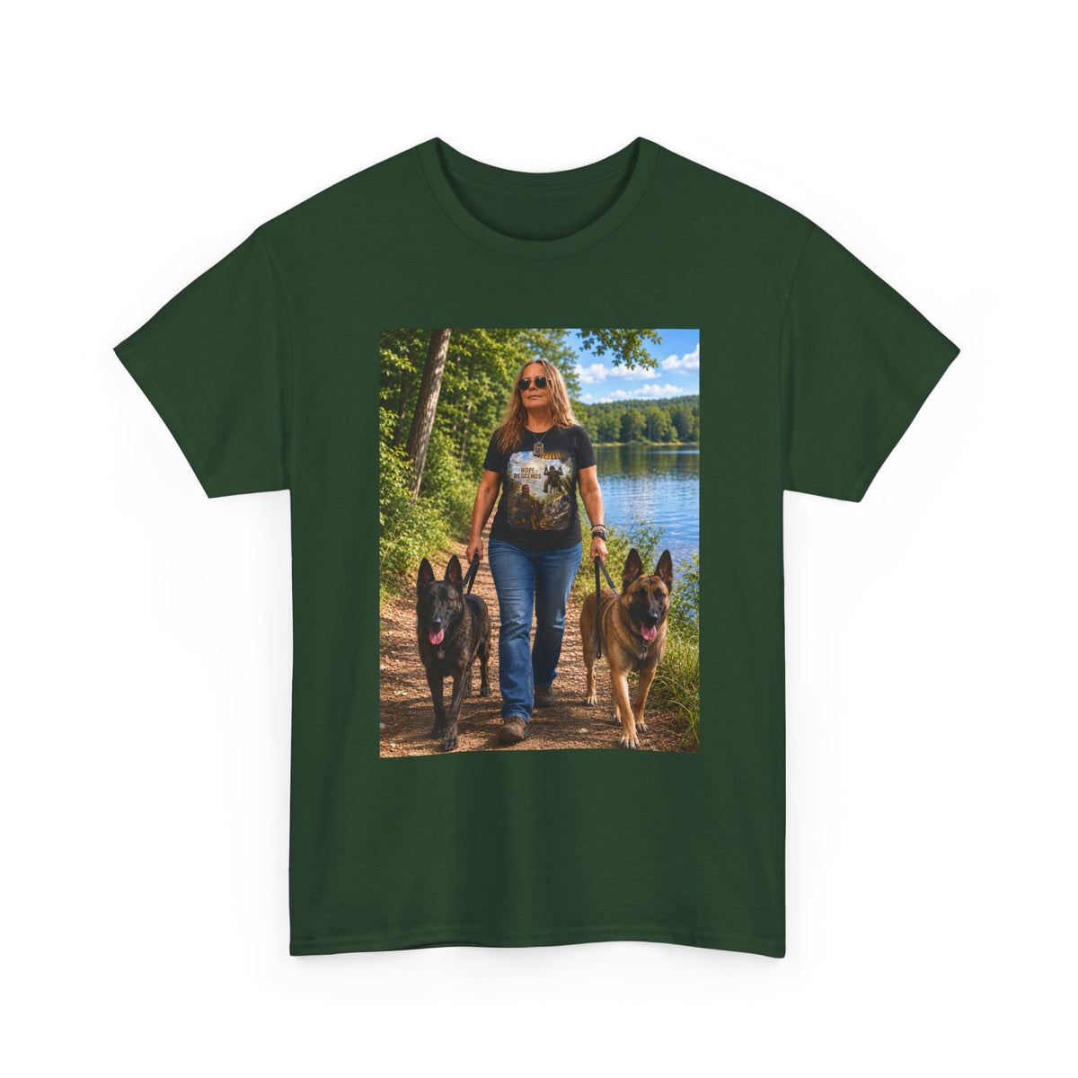 Dog Lover Photo Tee — Woman Walking German Shepherds Lakeside
