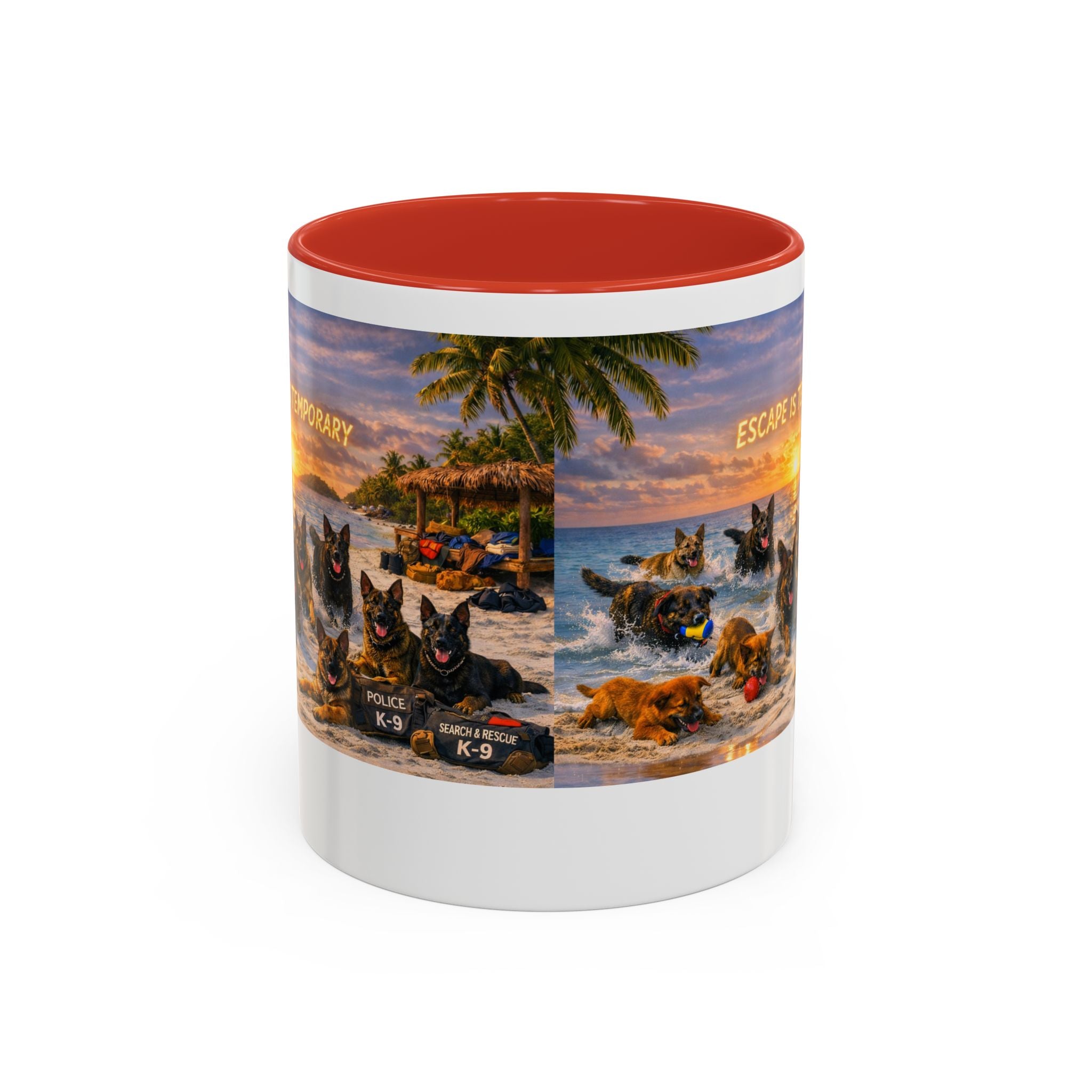 Dutch Shepherd Beach Coffee Mug — "Escape Is Temporary" Accent Mug (11/15oz)