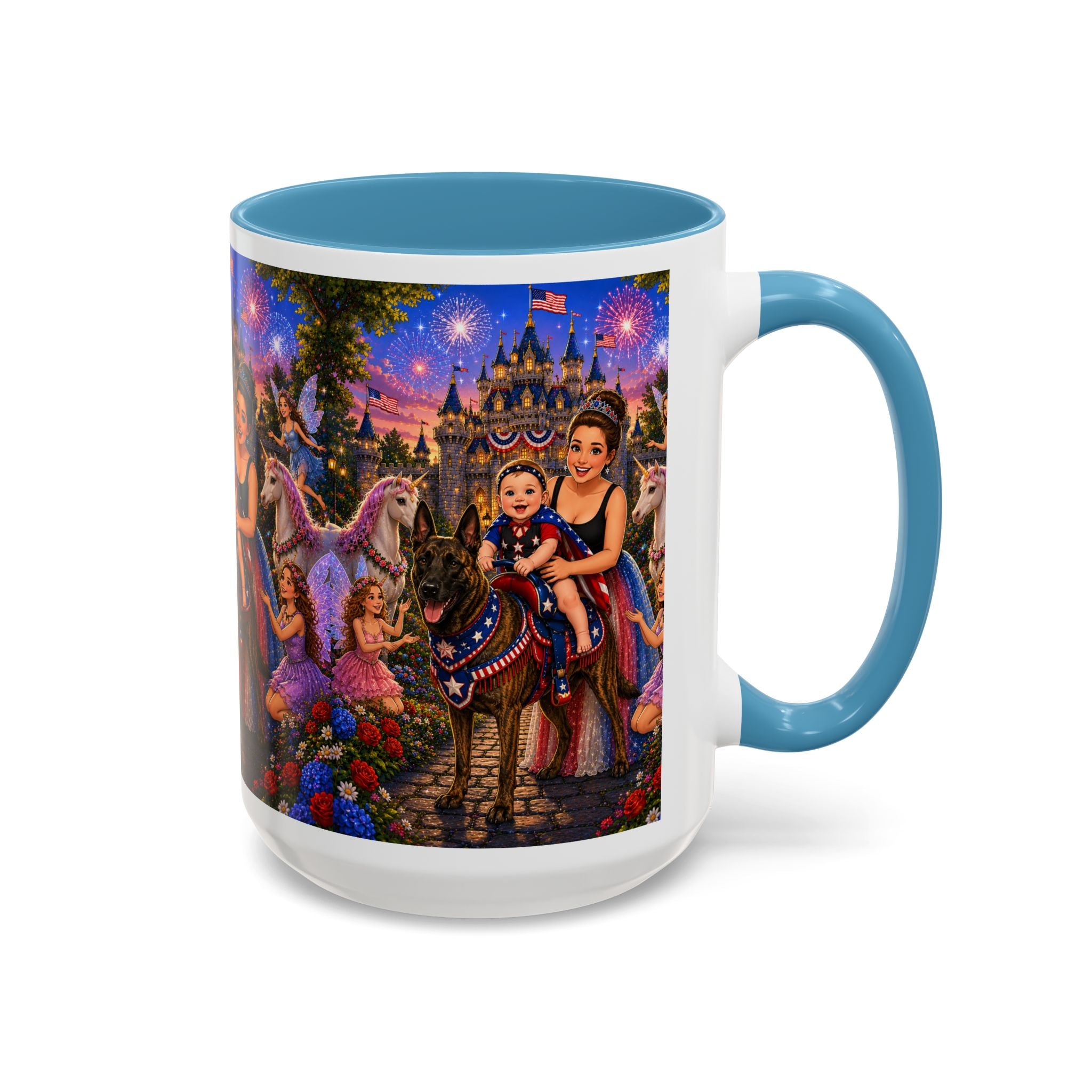 Patriotic Fairy Tale Coffee Mug — Family Castle, Fireworks & Unicorns